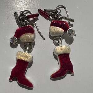 Santa Hat & Boot Dangling Fish-Hook Earrings / Red & White Glitter / Silver-tone